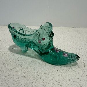 Vintage Fenton Cabbage Rose Artist Hand Painted Green Glass Boot